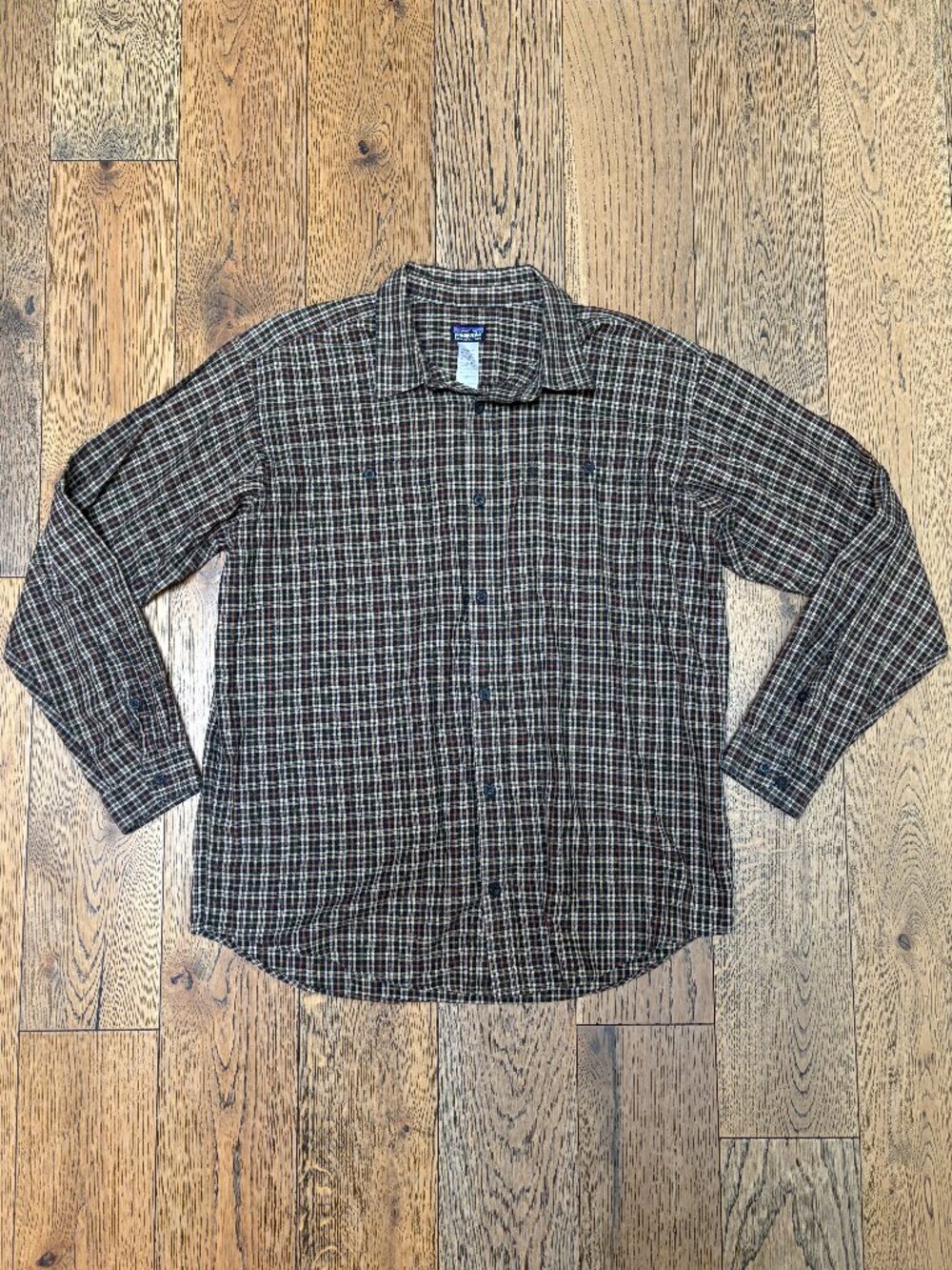 Patagonia Long Sleeve Pima Cotton Shirt Mens XL Tan Black Windowpane Plaid Fall